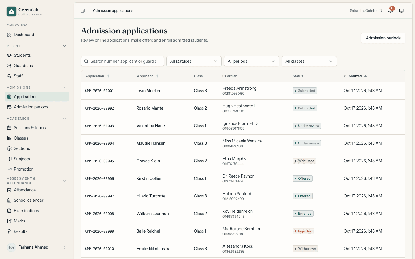 Admission applications
