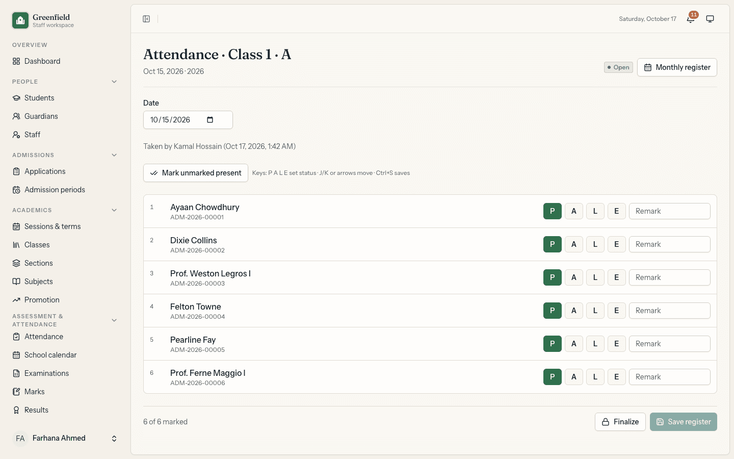 Attendance register