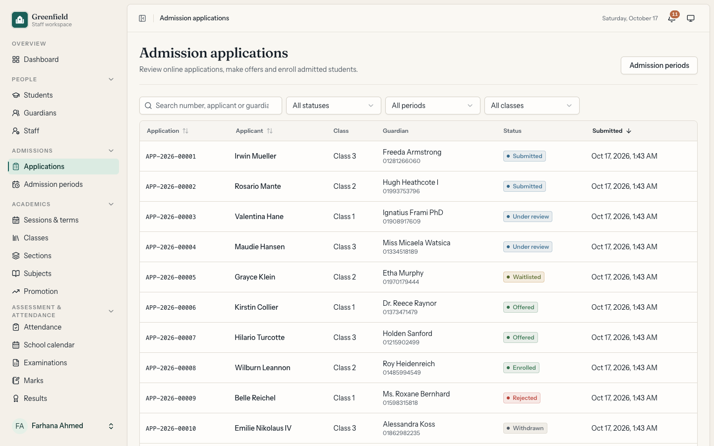 Admission applications