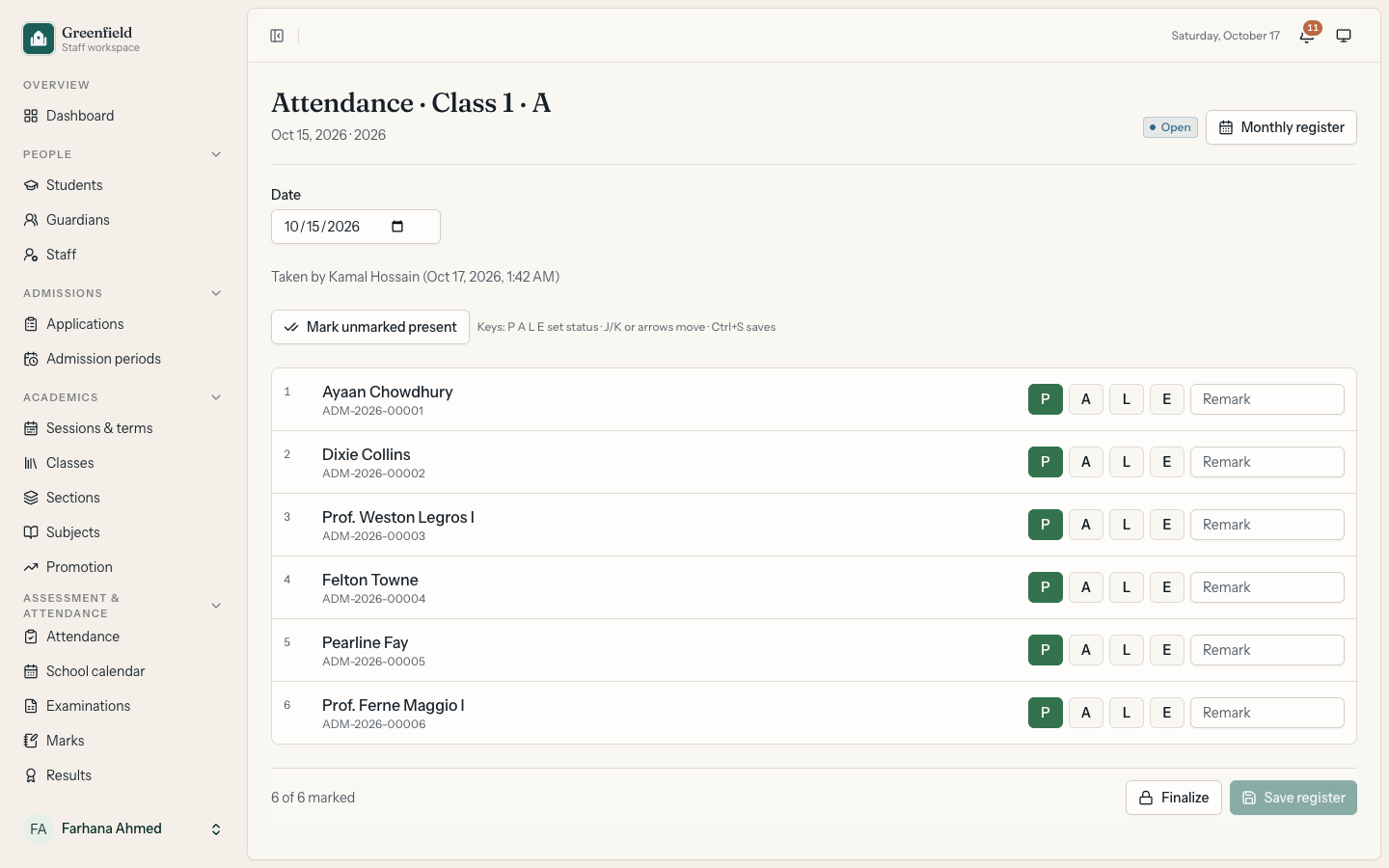 Attendance register